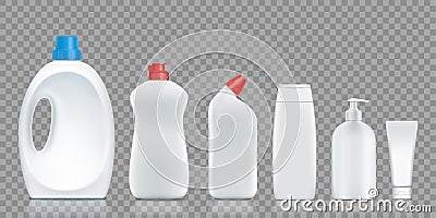 Set bottles with detergent, soap, washing powder, cream Vector Illustration