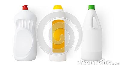 A set of bottles of detergents for washing. Blank plastic bottle for laundry detergent, isolated on white Stock Photo