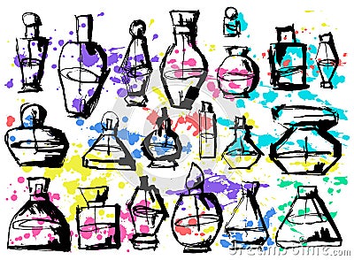 Set of Bottles Fragrant Perfume for Men and Women. Vector Illustration