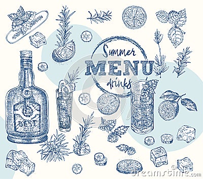 Set bottles Gin, rosemary, citrus, mint, cucumber Vintage hand drawn sketch design bar, restaurant, cafe menu Realistic Vector Illustration