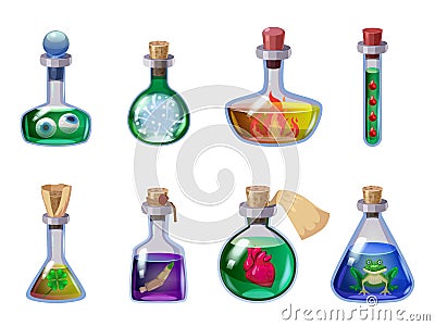 Set of bottles magic potion. Game icons liquid elixir colorful with eyes, heart, bone, blood, frog, finger, fire, clover Vector Illustration