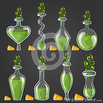 Set bottles of potion with magic smoke Vector Illustration