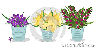 A set of bouquets of spring flowers in vases Stock Photo