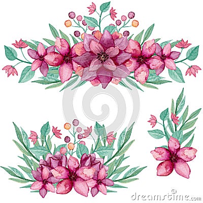 Set Of Bouquets With Watercolor Deep Pink Flowers And Leaves Stock Photo