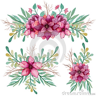 Set Of Bouquets With Watercolor Pink Flowers Stock Photo