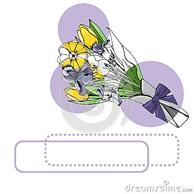 Set of bouquets with yellow tulips and violet iris, lilac circles and frames . Hand drawn ink and colored sketch Vector Illustration