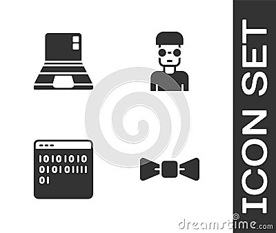 Set Bow tie, Laptop, Binary code and Nerd geek icon. Vector Vector Illustration