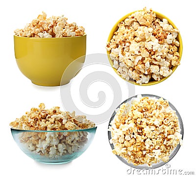 Set with bowls of tasty popcorn on white background Stock Photo