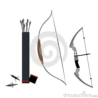 Set of bows, arrowheads and quiver of arrows. Vector illustration. Vector Illustration