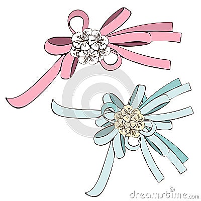 Set of bows, pink bow and blue with white flowers. Painted decorative element, hand-drawing, cartoon detail, nice Vector Illustration