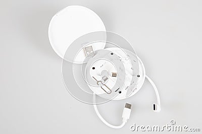 Set box of white types connectors cable for charging a mobile phone on the table Stock Photo