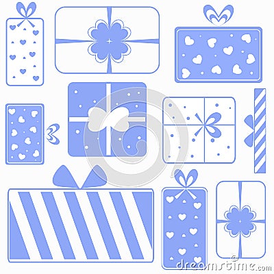 set of boxes, blue background with gifts for new year and christmas, pattern of gifts for the holidays Stock Photo