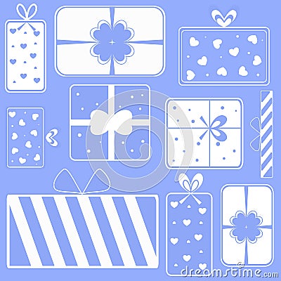 set of boxes, blue background with gifts for new year and christmas, pattern of gifts for the holidays Stock Photo