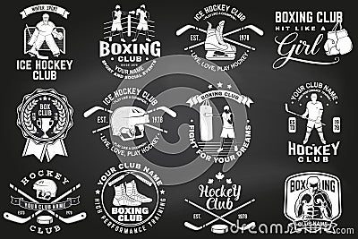 Set of Boxing club and Ice Hockey club badge, logo design on chalkboard. Vector. Sticker, patch with hockey player Vector Illustration