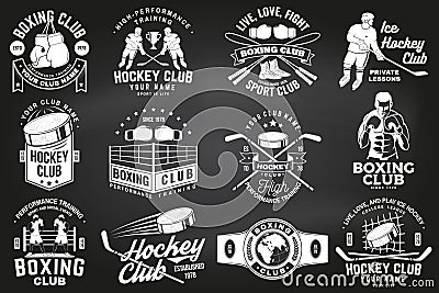 Set of Boxing club and Ice Hockey club badge, logo design on chalkboard. Vector. Sticker, patch with hockey player Vector Illustration