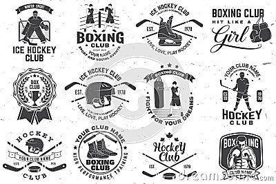 Set of Boxing club and Ice Hockey club badge, logo design. Vector. For Boxing and Ice Hockey club emblem, sign, patch Stock Photo