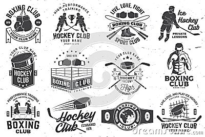 Set of Boxing club and Ice Hockey club badge, logo design. Vector. For Boxing and Ice Hockey club emblem, sign, patch Vector Illustration