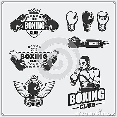Set of boxing club labels, emblems, badges, icons and design elements. Vintage style. Vector Illustration