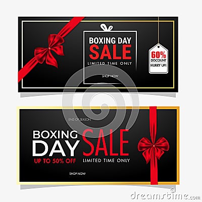 Set of Boxing Day Sale banner design covering with red ribbon and different discount offer on background Stock Photo