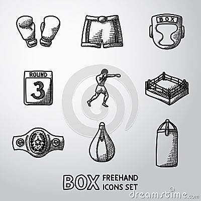 Set of boxing hand drawn icons - gloves, shorts Vector Illustration