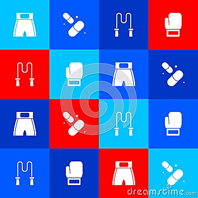 Set Boxing short, Vitamin pill, Jump rope and glove icon. Vector Vector Illustration