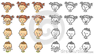 Set of boy and girl faces with different emotions Vector Illustration