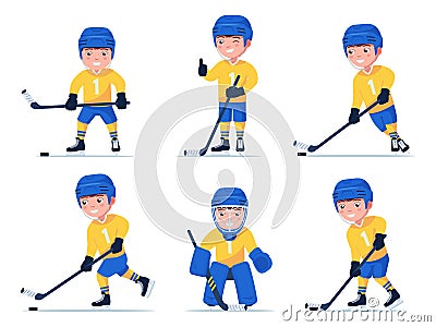 Set of boy hockey player playing with a stick Vector Illustration