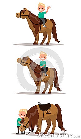 Set boy with a horse. Boy riding on horseback. Boy hugging a hor Cartoon Illustration