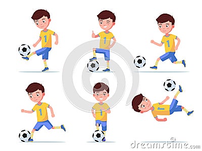 Set boy soccer player plays football Vector Illustration