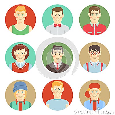 Set of boys avatar faces in flat style Vector Illustration