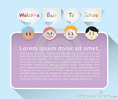 Set of boys face cartoon character say welcome back to school in gray quote text box and purple poster on blue background Vector Illustration