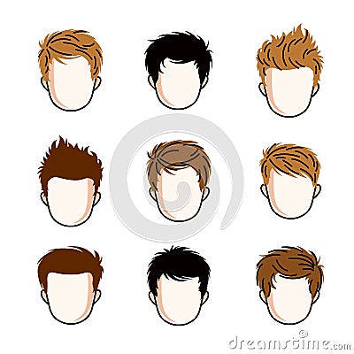 Set of boys faces, human heads. Different vector characters like redhead and brunet. Vector Illustration