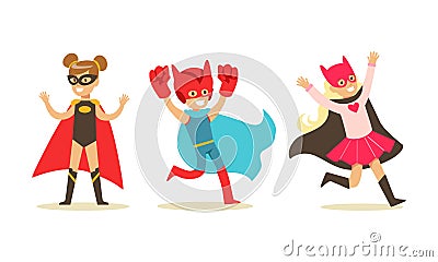 Set of Boys and Girls Dressed Superhero Costumes, Super Kids Characters Wearing Capes and Mask Cartoon Vector Vector Illustration