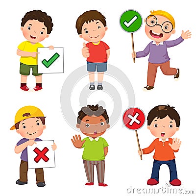 Set of boys holding and doing right and wrong signs Vector Illustration