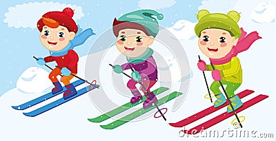 Set Boys skiing. Winter sports at kids holidays. children skiers enjoying snow landscape. Vector illustration Vector Illustration