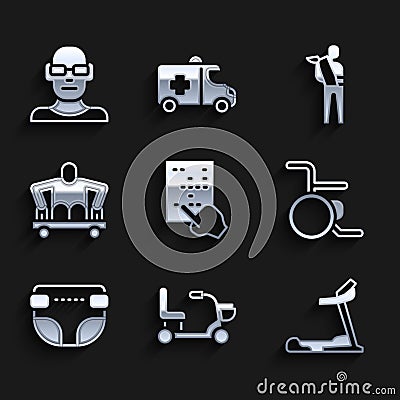 Set Braille, Electric wheelchair, Treadmill machine, Wheelchair, Adult diaper, Man without legs sitting, Human broken Vector Illustration