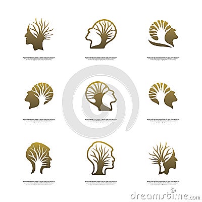 Set of Brain with Tree Logo Design Concept, People Head with Tree Logo - Vector Illustration - Vector Vector Illustration