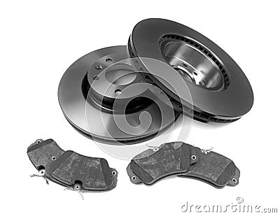 Set of brake discs and pads. Isolate on white Stock Photo