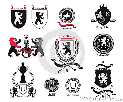 Set brand, sports club, student club, heraldic shield, royal, hotel, security, full vector logo collection and design elements. Vector Illustration