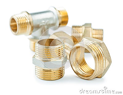 Set of brass plumbers fixtures isolated on white Stock Photo