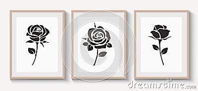 Set of braun wood frames with shadow on gray wall for interior design. Collection of decorative rose with leaf silhouette. Vector Illustration