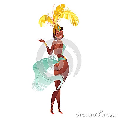 Set of Brazilian samba dancer. Vector carnival girl wearing a festival costume is dancing. Vector Illustration