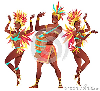 Set of Brazilian samba dancers Rio de Janeiro. Vector carnival girls and guy dancing. Vector Illustration