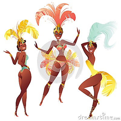 Set of Brazilian samba dancers. Vector carnival girls wearing a festival costume is dancing. Vector Illustration