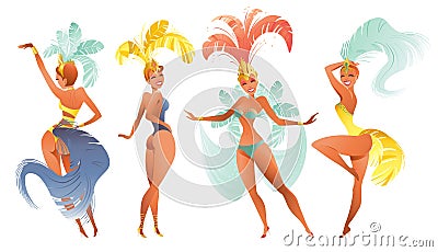 Set of Brazilian samba dancers. Vector carnival in Rio de Janeiro girls a festival costume is dancing. Vector Illustration