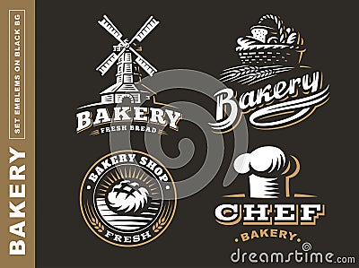 Set bread logo - vector illustration. Bakery emblem on black background Vector Illustration