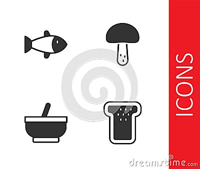 Set Bread toast, Fish, Mortar and pestle and Mushroom icon. Vector Vector Illustration