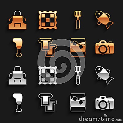 Set Bread toast, Fish, Photo camera, Glass of whiskey with ice, Chicken leg, Spatula, Kitchen apron and Checkered napkin Vector Illustration