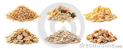 Set with breakfast cereals on white background Stock Photo