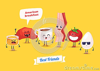 Set of breakfast characters. Vector cute cartoons Vector Illustration